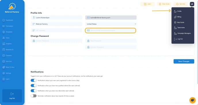 Screenshot showing how to add another Email Address to receive notifications from Referral Factory,