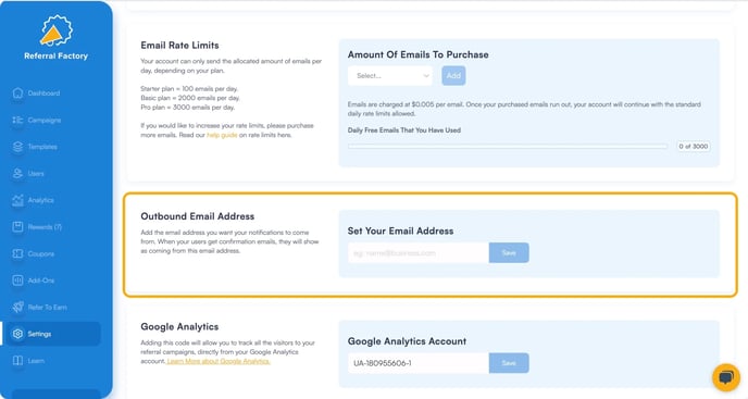 Screenshot showing how to add Outbound email address in your referral program software.