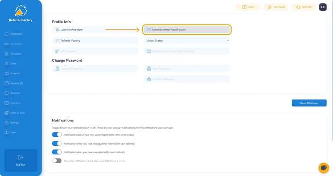 Screenshot showing that you are allowed to edit your information in Referral Factory.